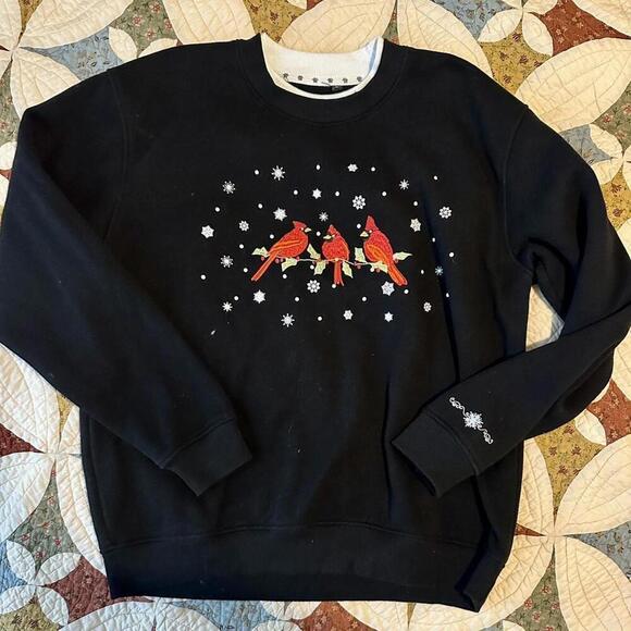 None Tops - Black crewneck grandma sweater with red cardinals and snowflakes